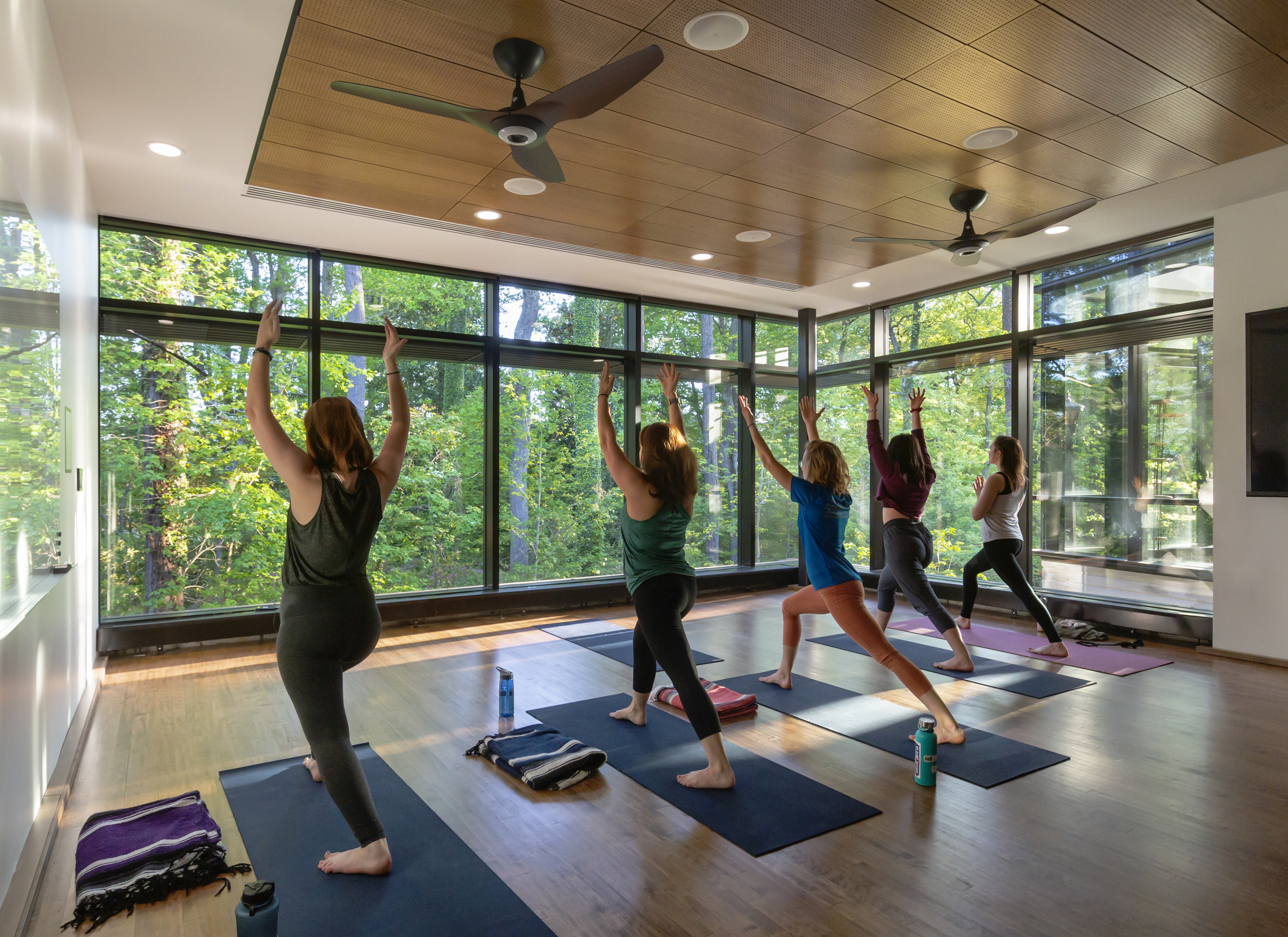 Students practice yoga in a window filled studio at The College of William & Mary
