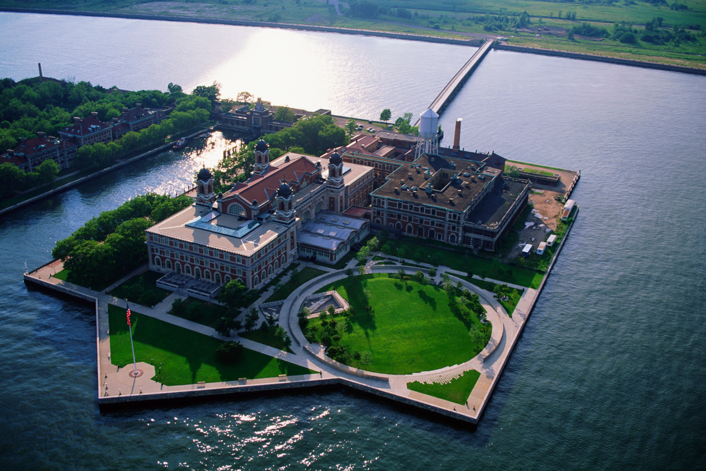 Aerial view of the Ferry Building and Hospitals at Ellis Island in New York