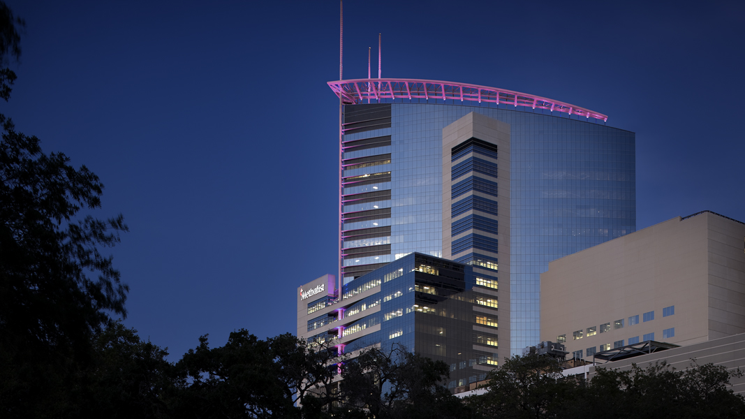 Houston Methodist exterior detail at dusk