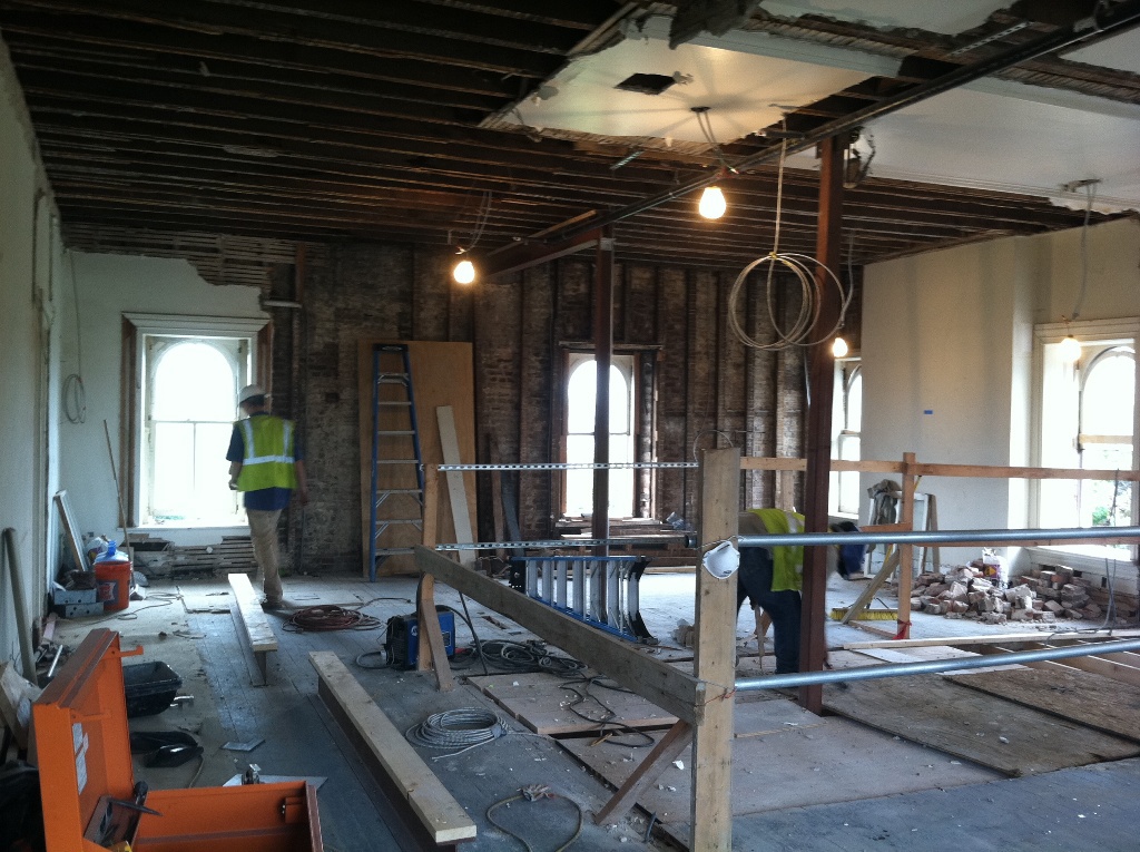 Construction work to restore the trial room of Lincoln conspirators in Grant Hall