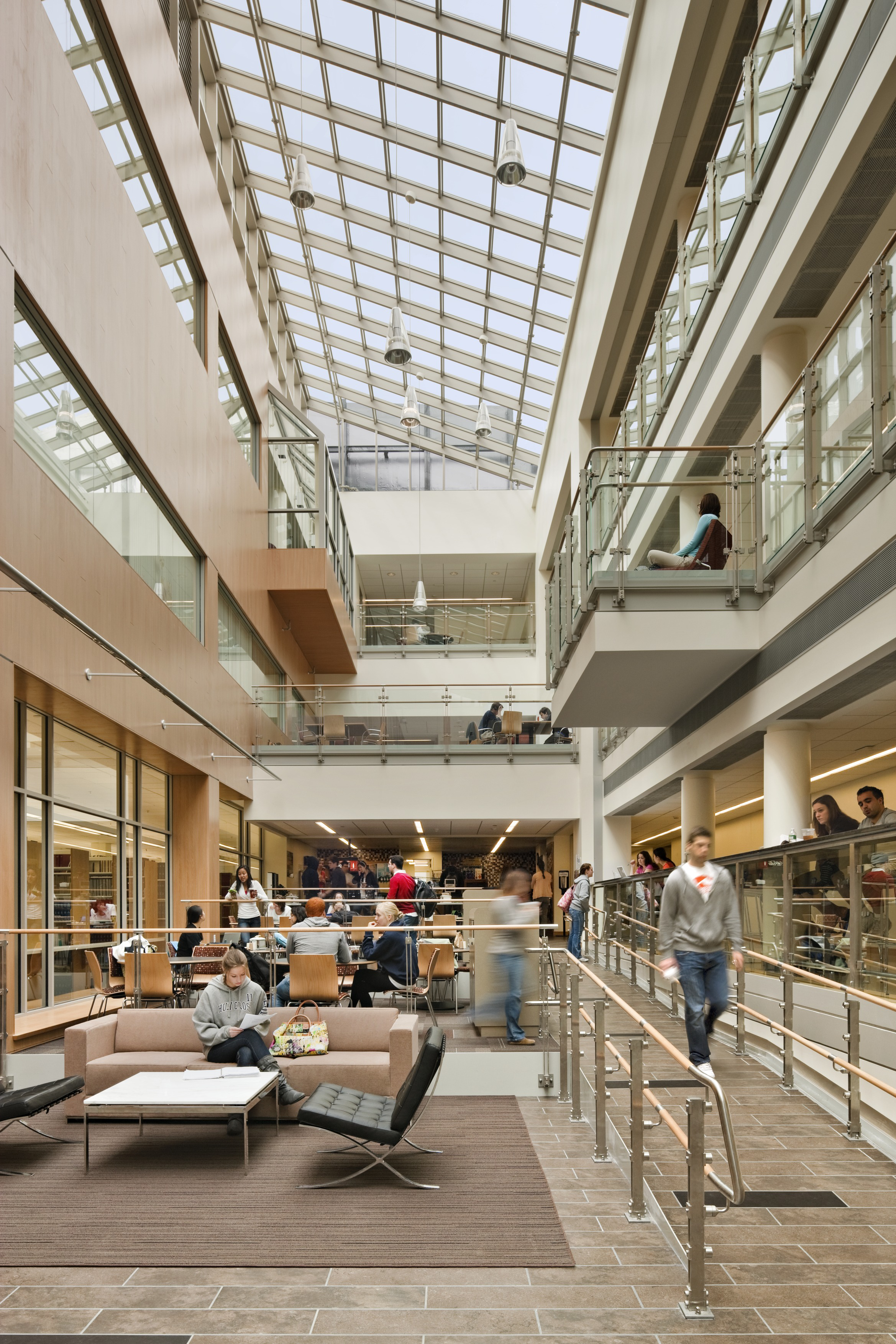 Skylit atrium with soft seating