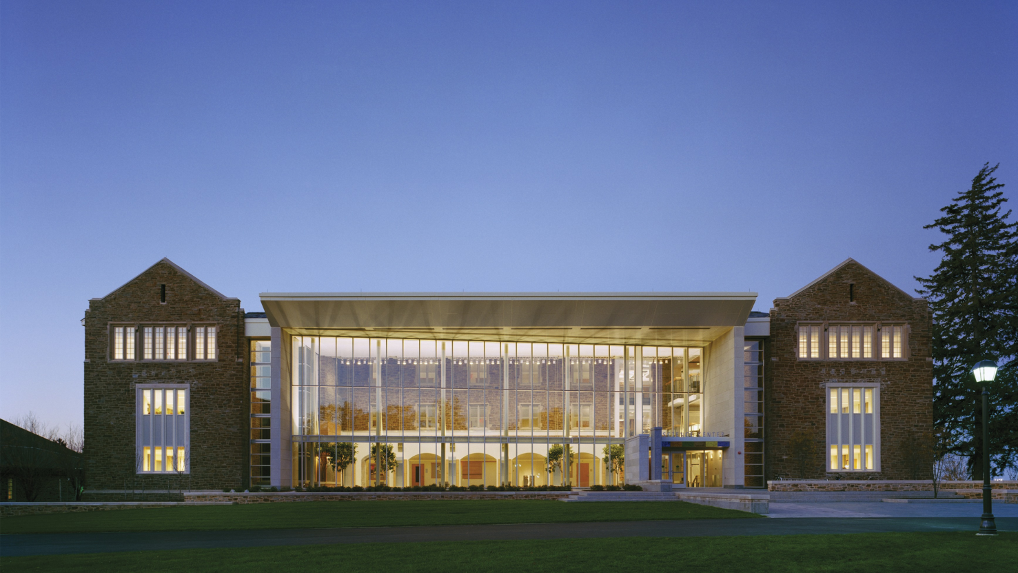 Exterior view of building at dusk