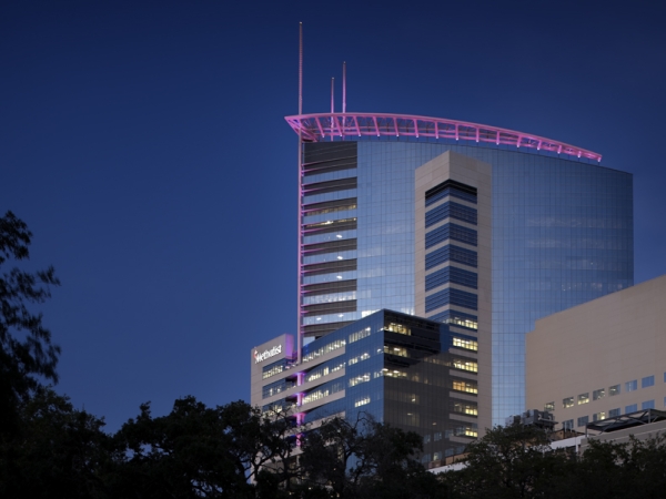 dusk detail shot of the Houston Methodist Outpatient Center