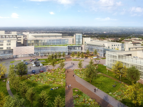 exterior render of hospital campus 