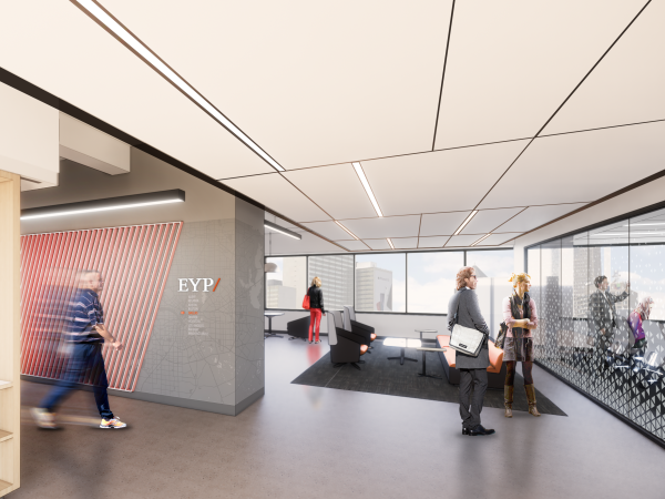 Interior rendering of EYP Dallas' new office space in downtown Dallas