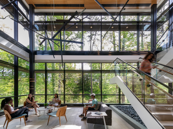 interior of wellness center with expansive windows and nature