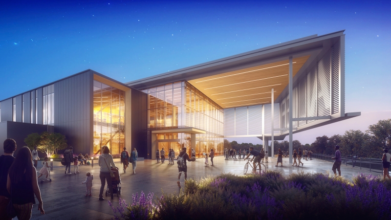 Rendering of community center with people walking on the sidewalk.