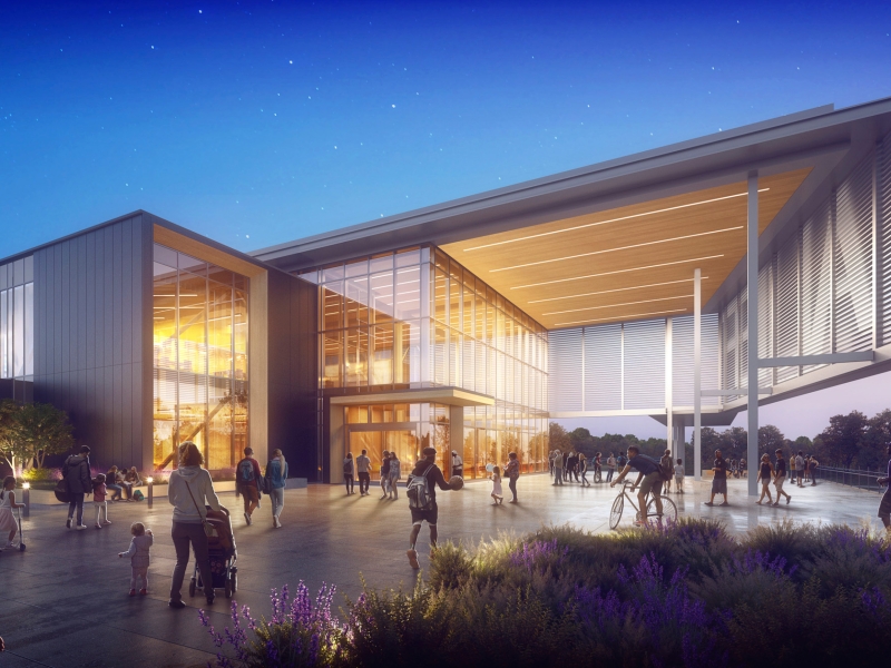 Nighttime rendering exterior alief building 