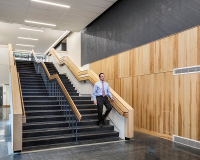 Renovated interior lobby of Spellman Hall