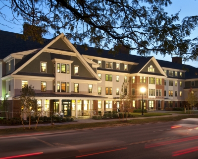 Exterior view of building at dusk